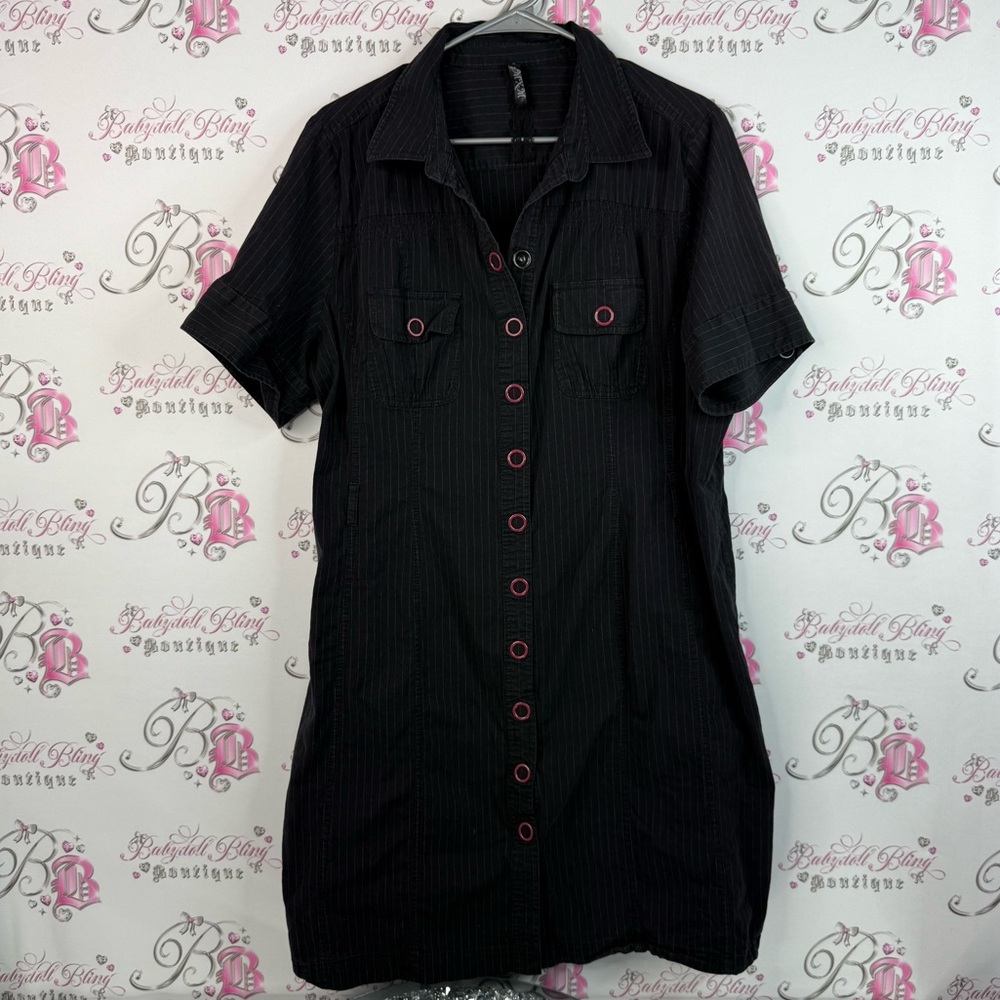 MXM dress Y2k pin stripe snap buttons Black Button-Up Dress red Accents